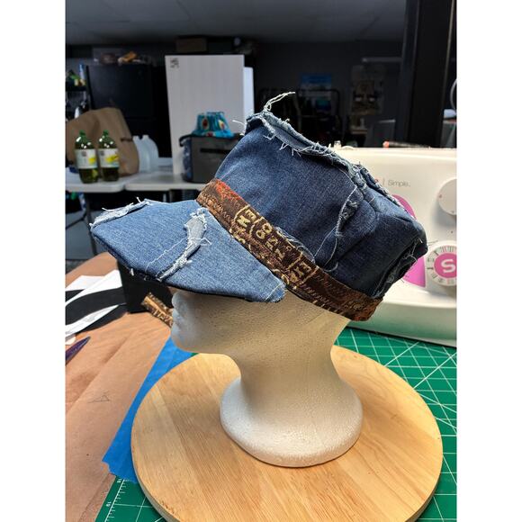 Upcycled Denim Visor Hat, Small Elastic Fit, Cotton Lined Festival Cap, main image 9